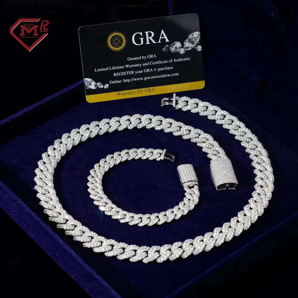 Hiphop 12mm Cuban Chain 925 Sterling Silver Miami Vvs Iced Out Moissanite Cuban Link Chain