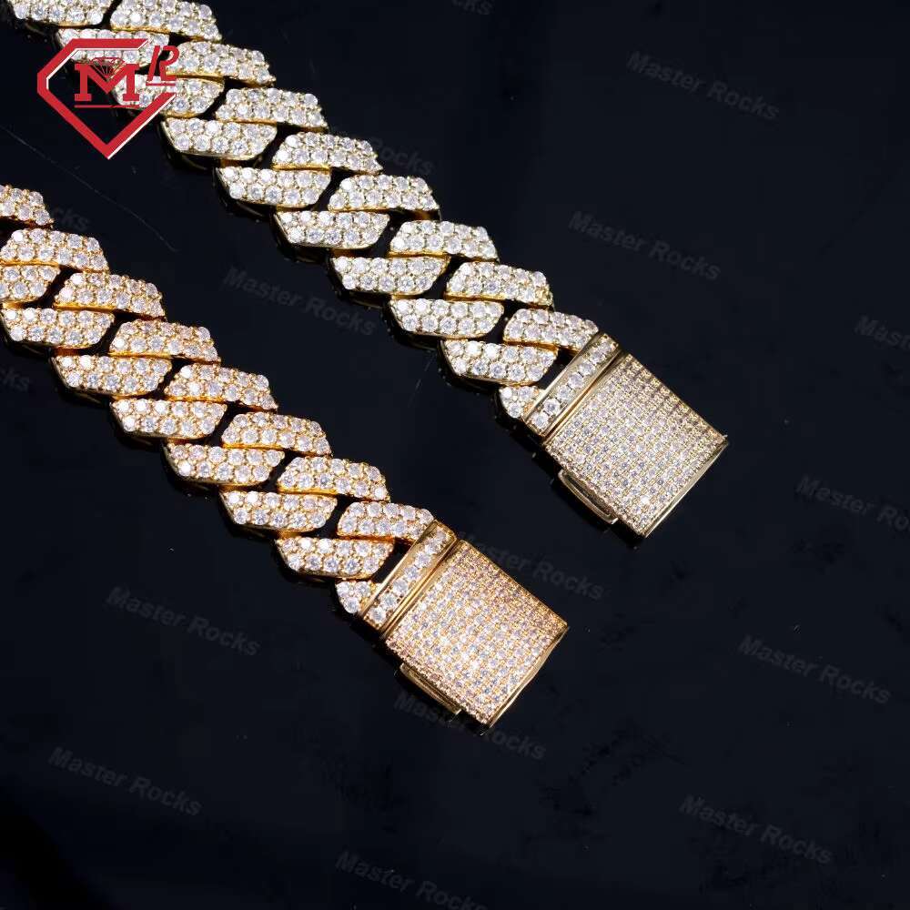 Hip Hop 14mm Ice Out Miami Cuban Link Chain 925 Sterling Silver 2 Rows Vvs Moissanite Cuban Link Chain