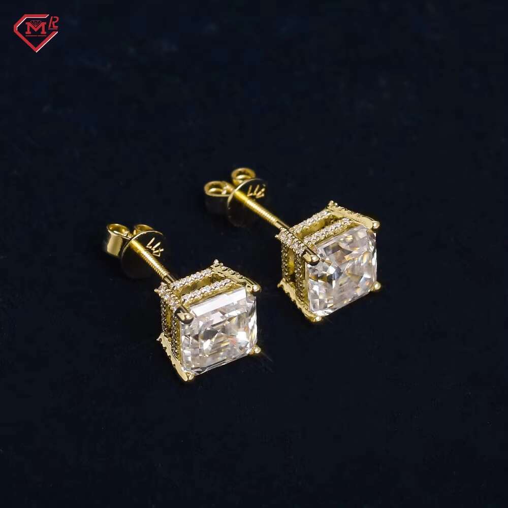 Customized Square Men Earrings 925 Silver Yellow Gold Plated Hip Hop Elegant Design Moissanite Earrings
