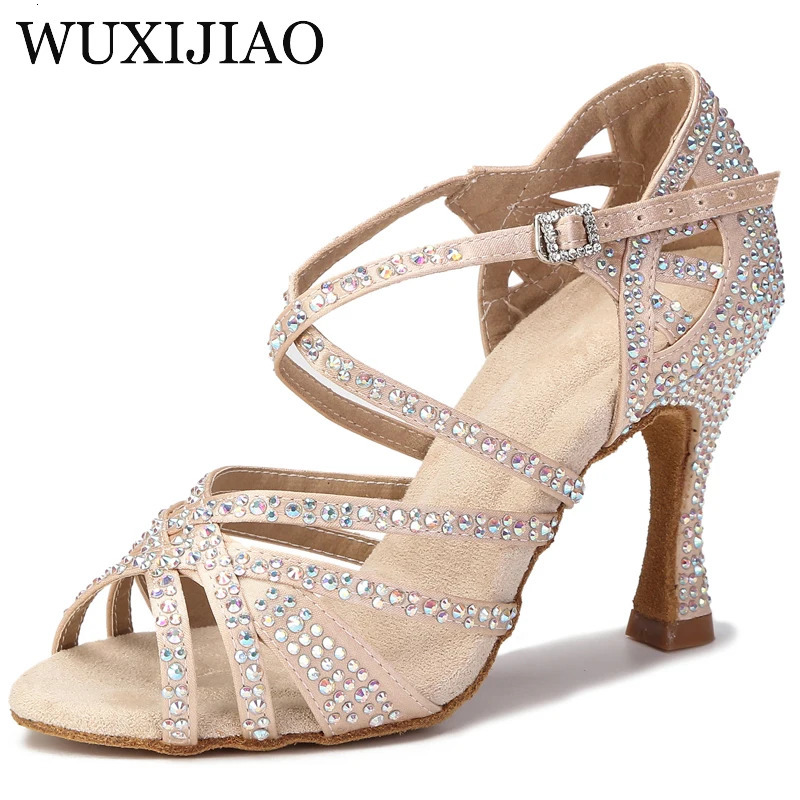 Wuxi womens party dance shoes satin shiny rhinestone soft sole Latin dance shoes womens salsa dance shoes 250425