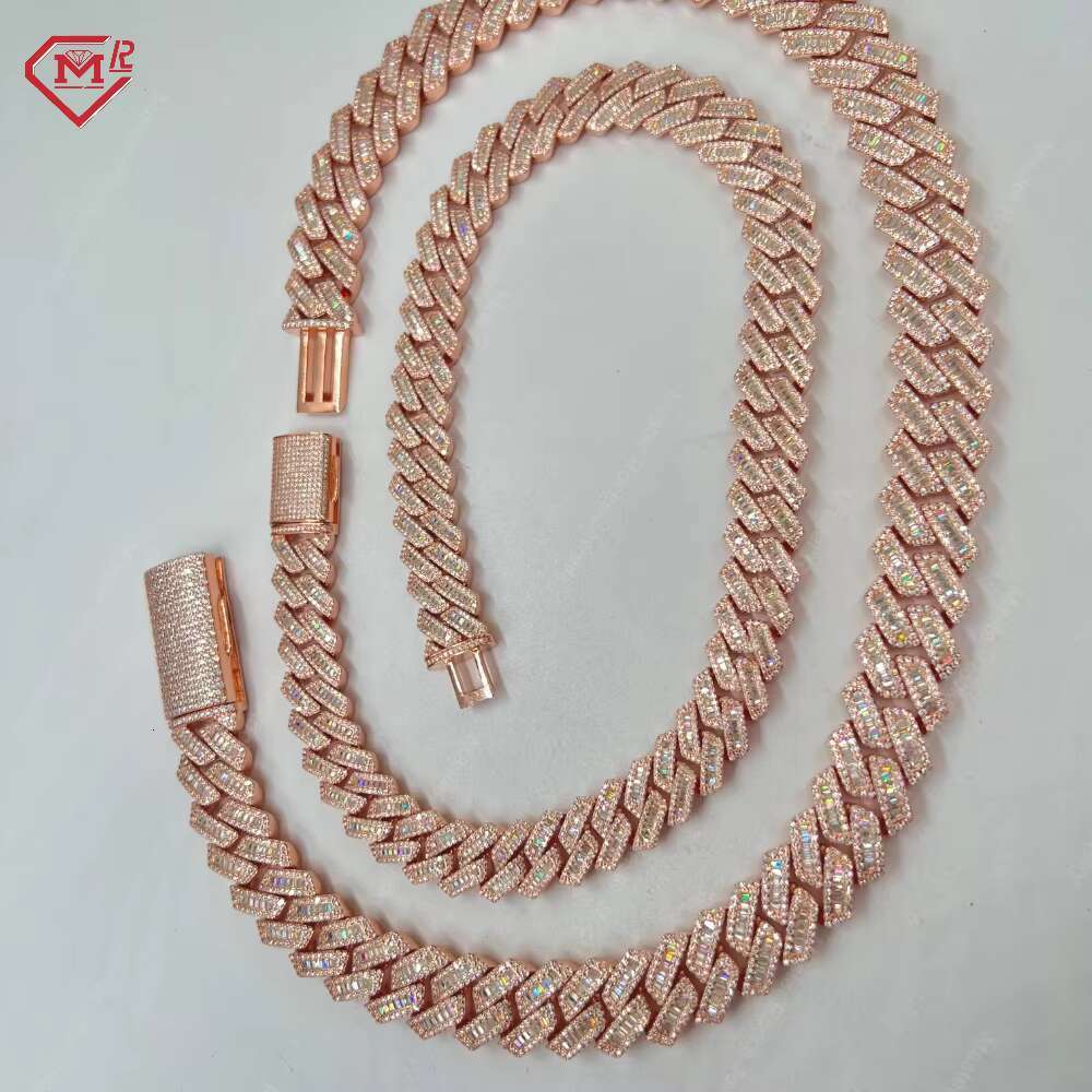 Hiphop Cuban Chain 925 Sterling Silver Rose Gold 18mm Iced Out Miami Baguette Vvs Moissanite Cuban Link Chain