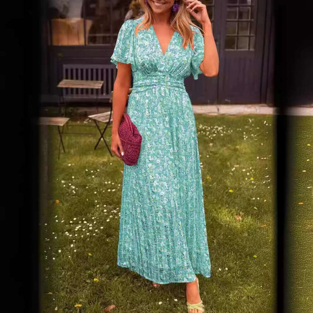 European and American women's print waist cinched V-neck dress long skirt 2025 temperament versatile new trend clothing ins