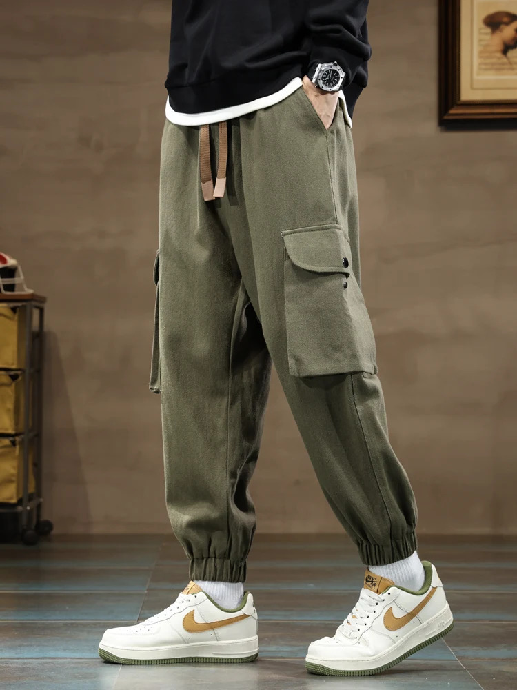 Large mens jogging cargo pants 8XL 7XL 6XL street clothing washing cotton casual bag pants solid color loose mens Trousers 250428