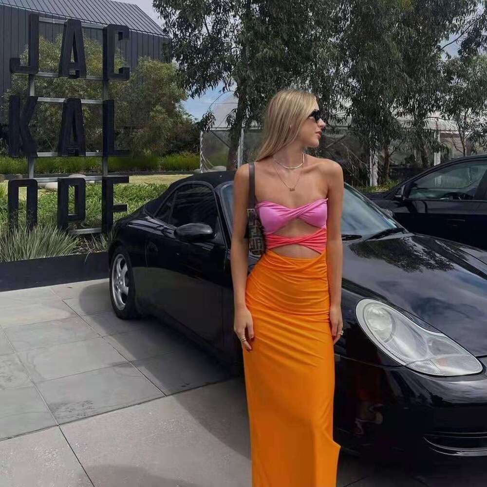 Hot selling items for spring summer 2025, colorful contrasting knitted slim fit long vacation dress, 20250058, 2025 new style, chic and elegant clothi