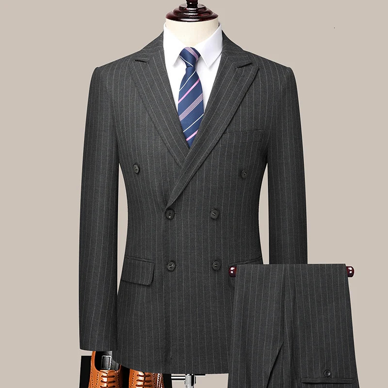 Mens Business Set SetTrous Fashion and Handsome Trend Striped Casual Boutique Double Row Buckle Two Piece M6XL 250428