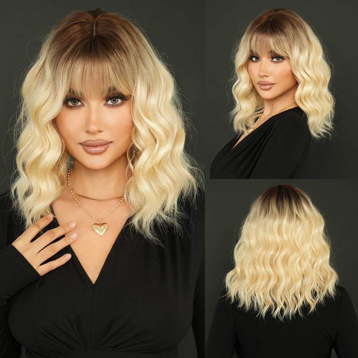 gold Gradient wave shoulder length wig for women full head cover with bangs hair dye on the top of the head commonly used in Japan