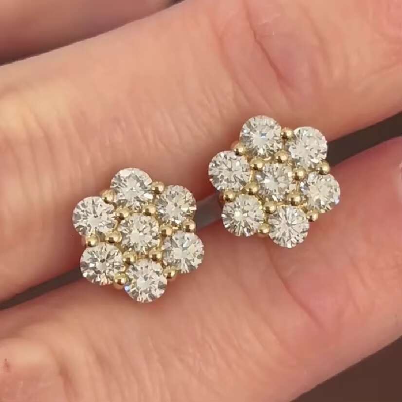 Fine Jewelry Moissanite Stud Earrings 14K Gold Cluster Flower Shape VVS Iced Out Moissanite Earrings