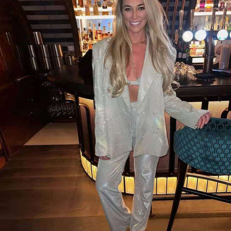 Hot selling items in spring summer of 2022, European and American sparkling suit jacket, underwear straight leg pants set, 20250069, 2025 new casual v