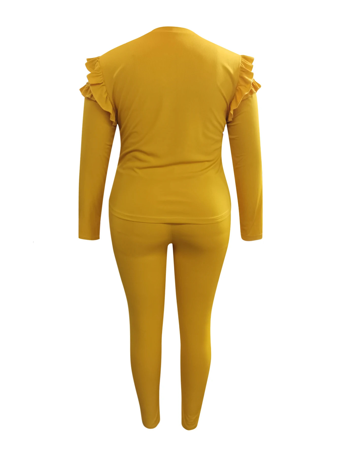 4XL 5XL LW Plus Size Fashion V-neck Striped Yellow Two piece Pants Set Spring Womens Basic Plain Ruffle Womens Matching Set 250427