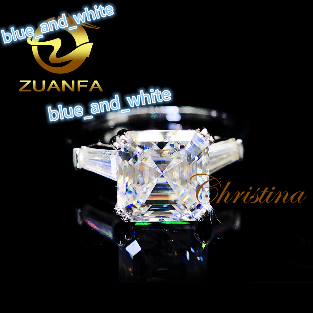 High Quality Asscher Cut Three Stone Moissanites Jewelry 18K Solid White Gold Engagement Ring