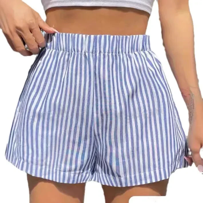 Womens Bohemian Style High-Waisted Striped Elastic Waist Shorts Blue White Detailing Casual Summer Fashion 250428