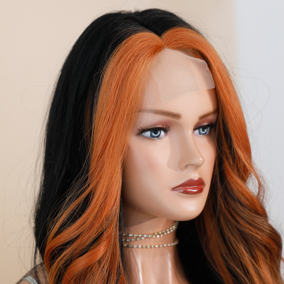 lace Small Asian dyed orange long curly hair with big waves split wig natural hair stitching wig womens full head cover