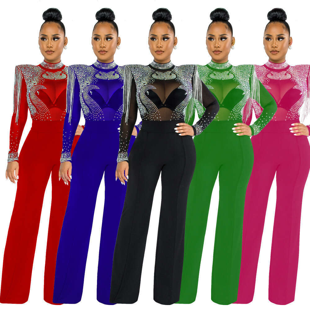 CY9232B European and American fashion sexy casual slim fit high neck see through hot dia fringe jumpsuit for women 2025 temperament versatile new tren