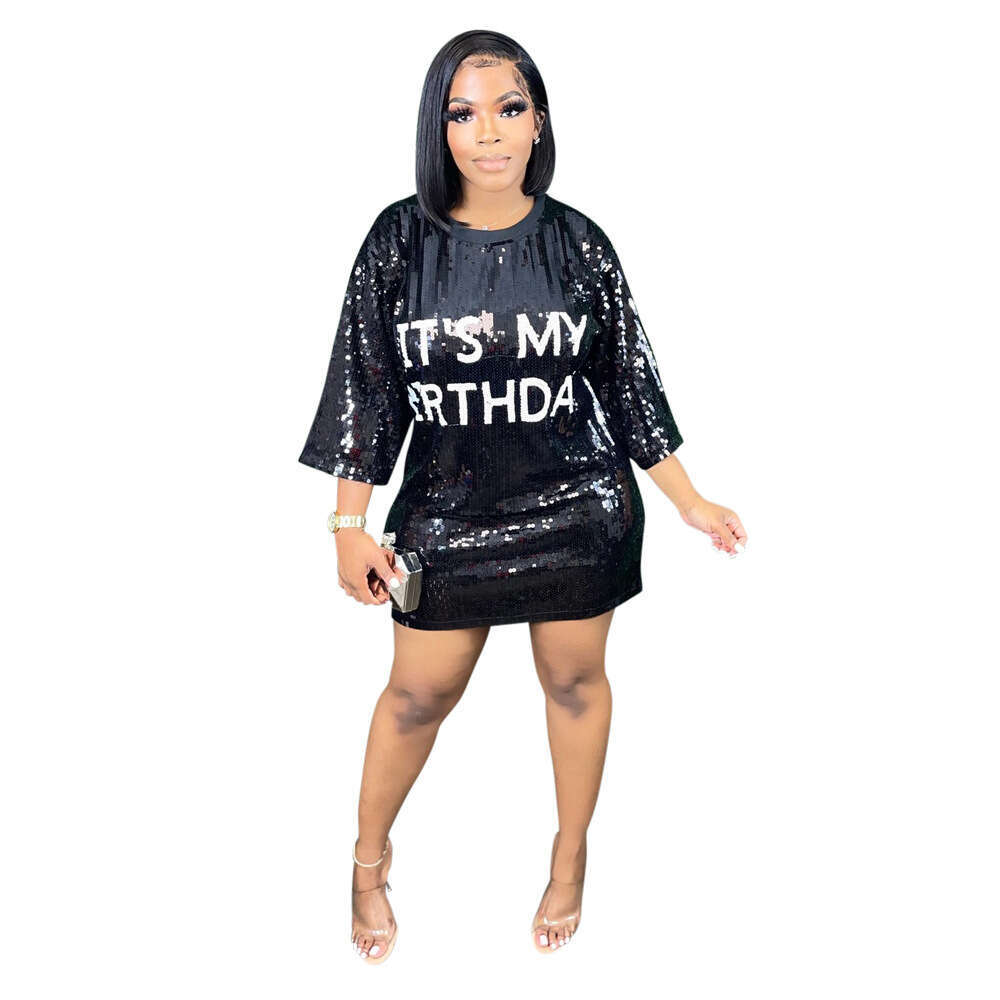 CY900537 European and American Fashion Round Neck Half Sleeve Loose Bead Printed Dress for Women's Party Shining Nightclub Style 2025 Versatile N