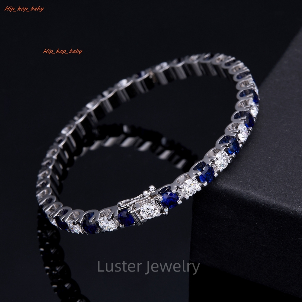 Luster Glamorous 925 Sterling Silver 4mm VVS Round Moissanite Diamond Royal Blue Lab Sapphire Tennis Bracelet for Women