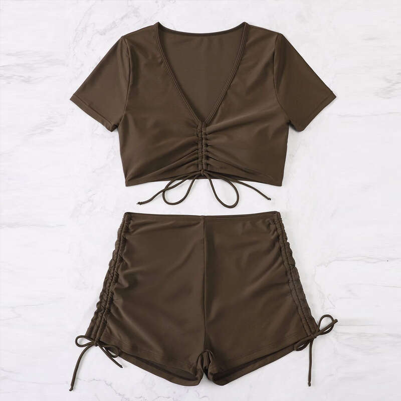solid color V-neck sexy two-piece bikini European and American drawstring flat angle sports beach swimsuit women's temperament versatile new tren