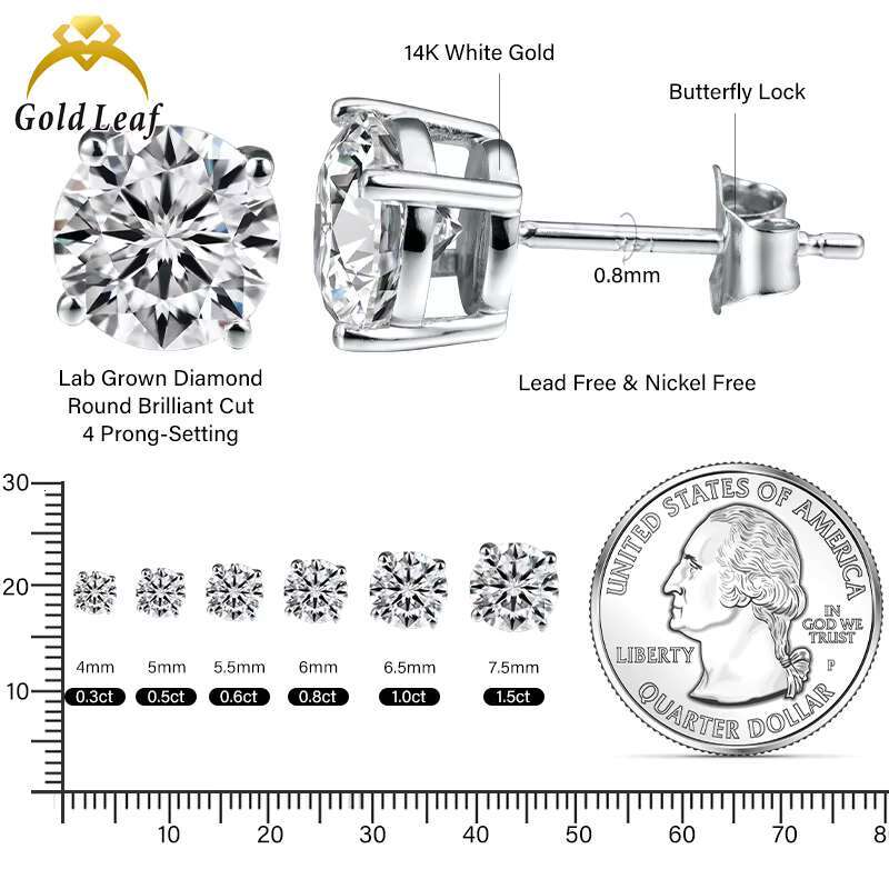 14K White Gold 0.30CT-5CT GIA/IGI Certified DEF VVS White Clear Round Cut Lab Grown Diamond Fine Stud Earrings Womens Jewelry