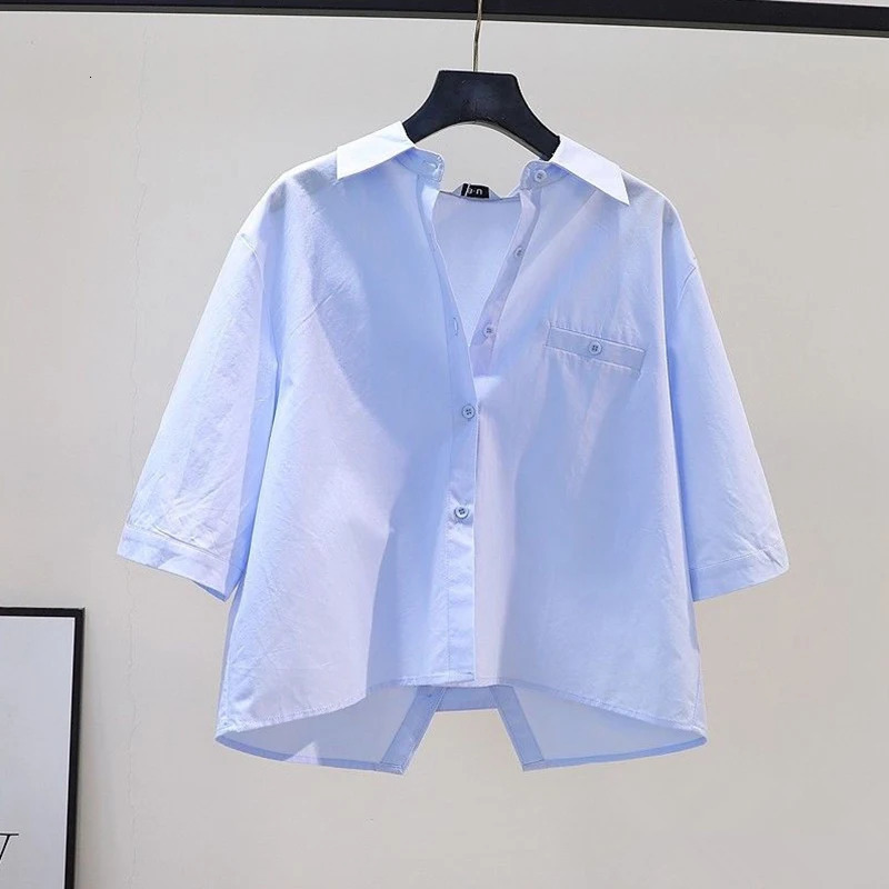 OL Back Split White Shirt Casual Fashion Korean Womens Short Sleeve Top Prefabricated Style Basic Solid 250422