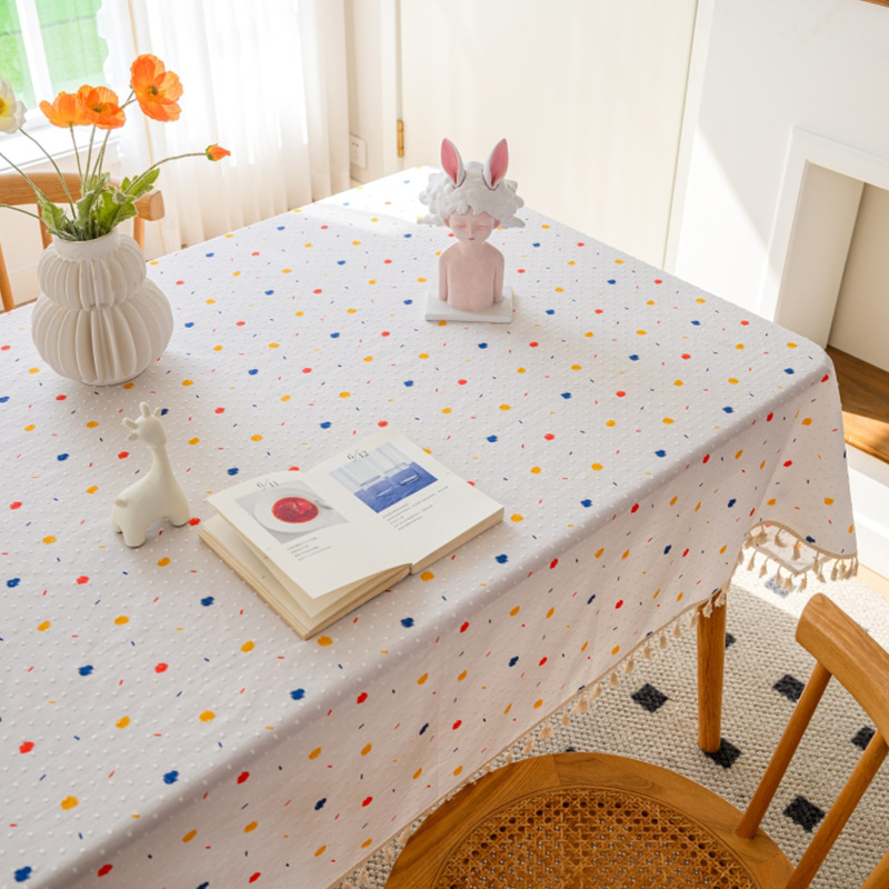 W25 small fresh cotton and linen fabric tablecloth ins small daisy floral tablecloth tassel photo simple rectangular tablecloth