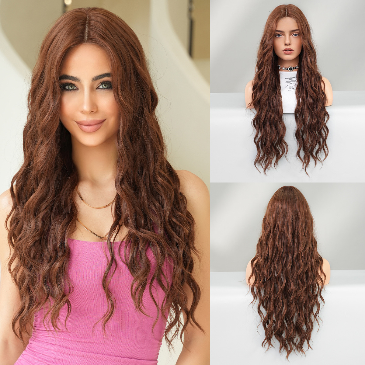quality High brown small lace wig for women with natural long curly hair and large waves and a headband