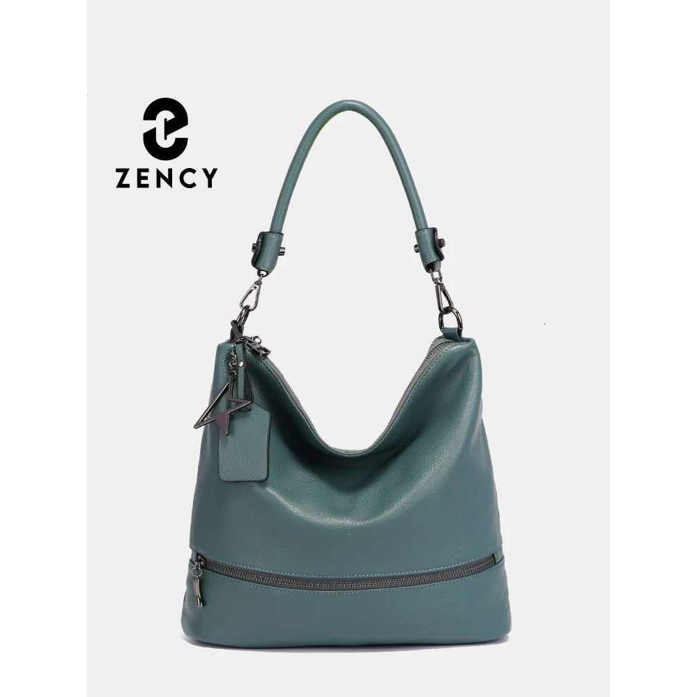 Zency Women Genuine Leather Large Tote Elegant Hobo Handbag Shopper Shoulder Bags Retro Blue Green Crossbody Multi-Pocket