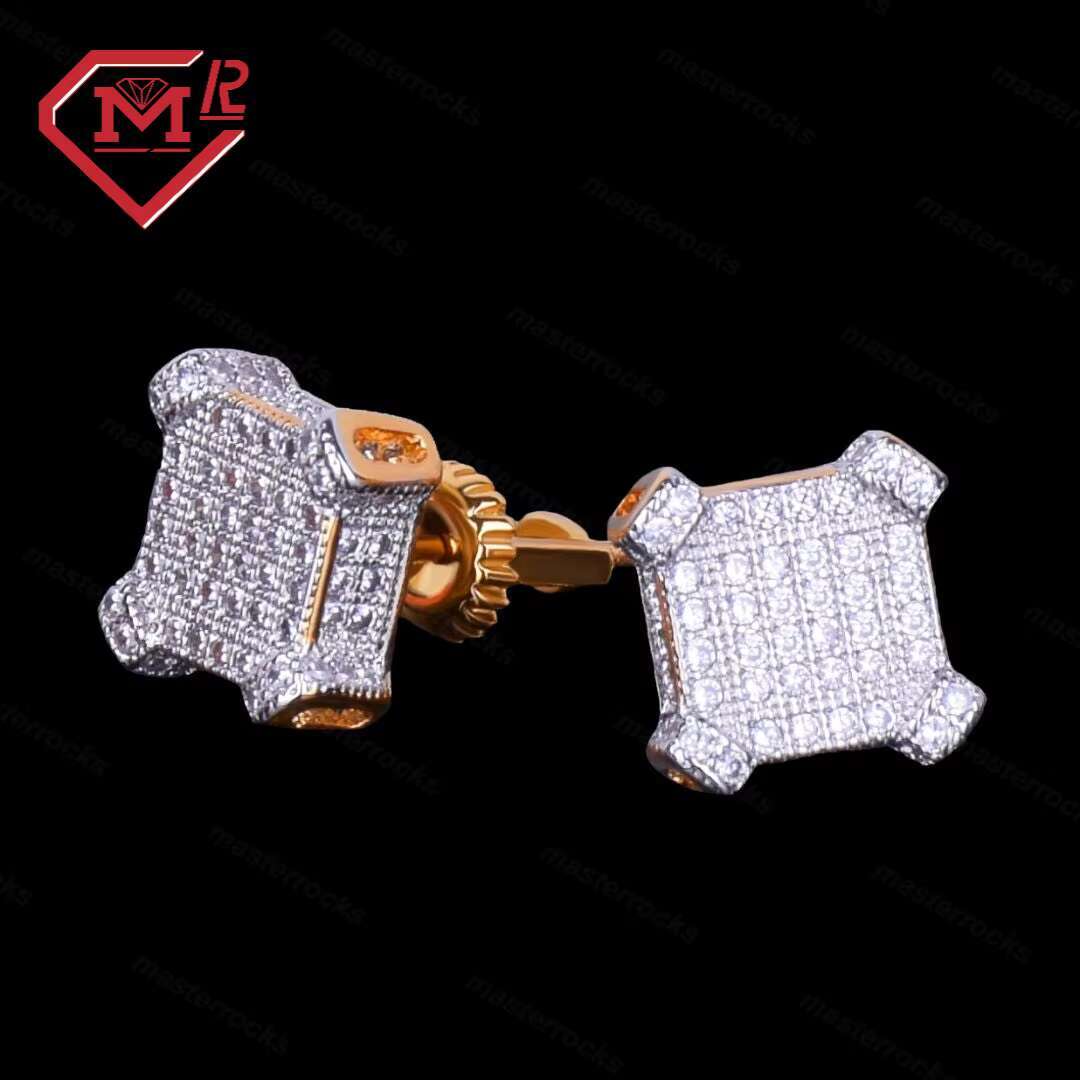 10mm Shine Moissanite Square Iced Out Unisex Earrings Hiphop Fashion Jewelry Gold Plated Earrings