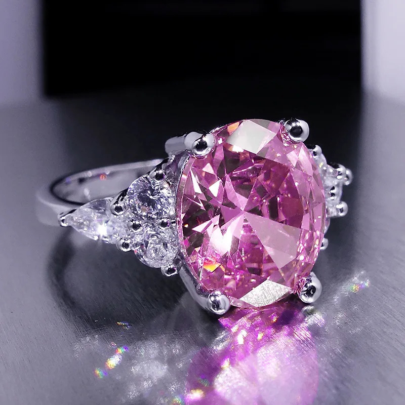 Pink zircon oval stone ring womens sparkling crystal engagement retro rose gold silver wedding jewelry 250428