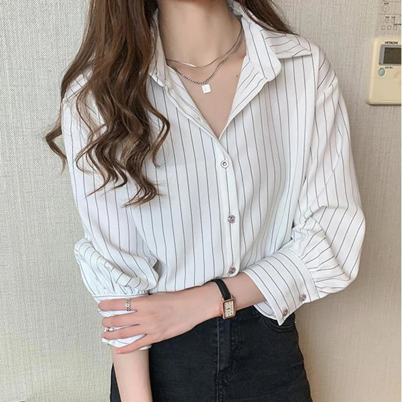 Striped womens summer retro chic loose long sleeved top Y2K office fashionable casual collar fully matched shirt 250422