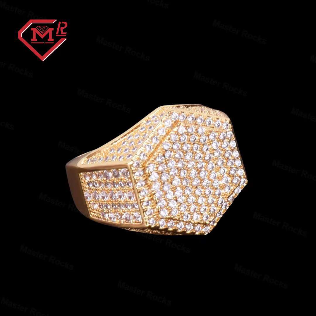 Master Rocks Gold Plated Ring Iced Out 925 Sterling Silver Mens Hip Hop Hexagon Moissanite Ring