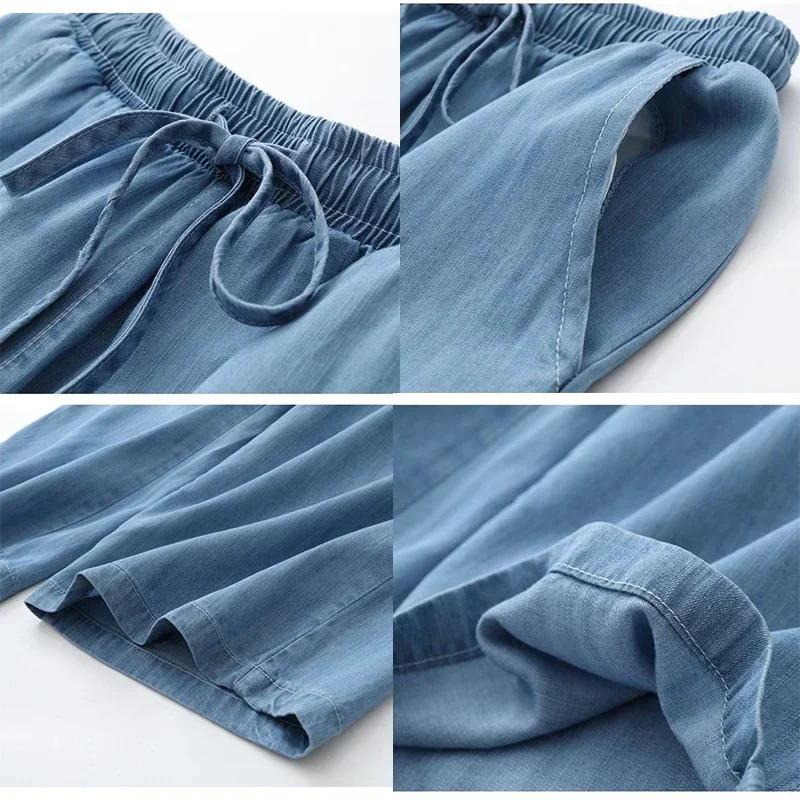 Womens summer elongated wide leg pants cotton blue denim jeans mom elastic waist straight women 250428