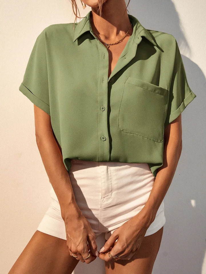 Spring and summer womens casual solid color button pocket patch shirt short sleeved comfortable suitable for style top 250422