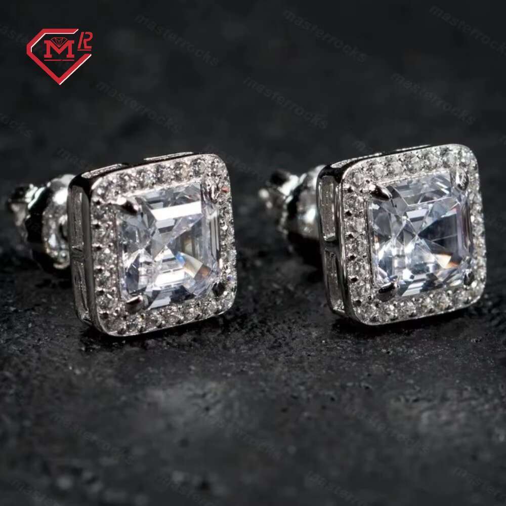Hip Hop Stud Earrings for Men Customized 925 Sterling Silver Iced Out Vvs Square Moissanite Earrings