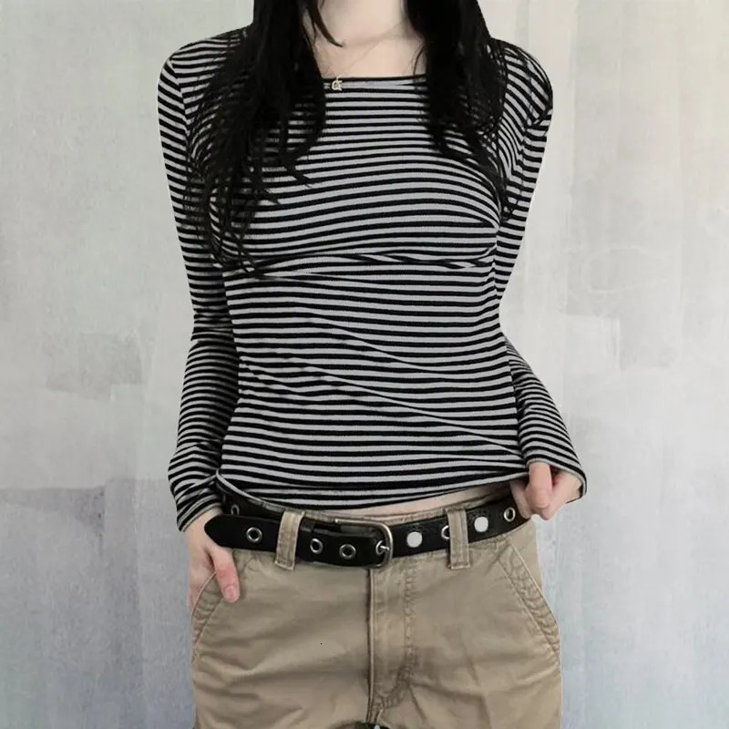 Black and gray striped womens ultrathin top with long sleeves crew neckline stripes Autumn suitable for leisure days 250425