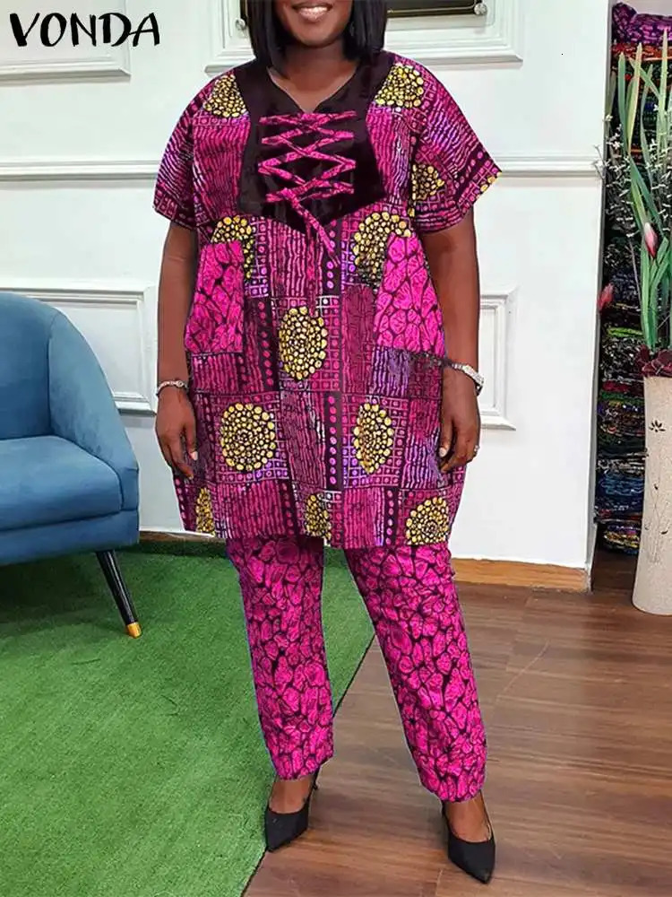 Size Up VODA Womens Bohemian Printed Pants Set Summer Short Sleeve Summer Top and Mens Casual Set 2-piece Set 250427