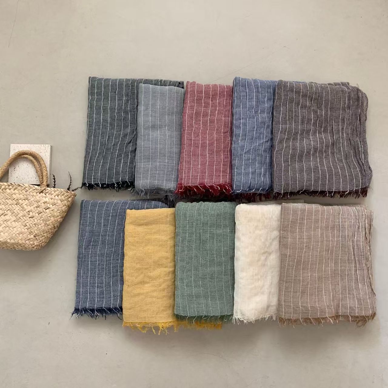 T615 striped scarf female spring and autumn Korean version of literary cotton and linen scarf simple decoration ladies tassel silk scarf