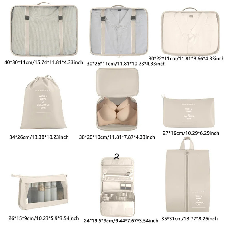 7-8-9-piece Set Travel Bag Organizer Clothes Luggage Travel Organizer Blanket Shoes Organizers Bag Suitcase Pouch Packing Cubes 250605