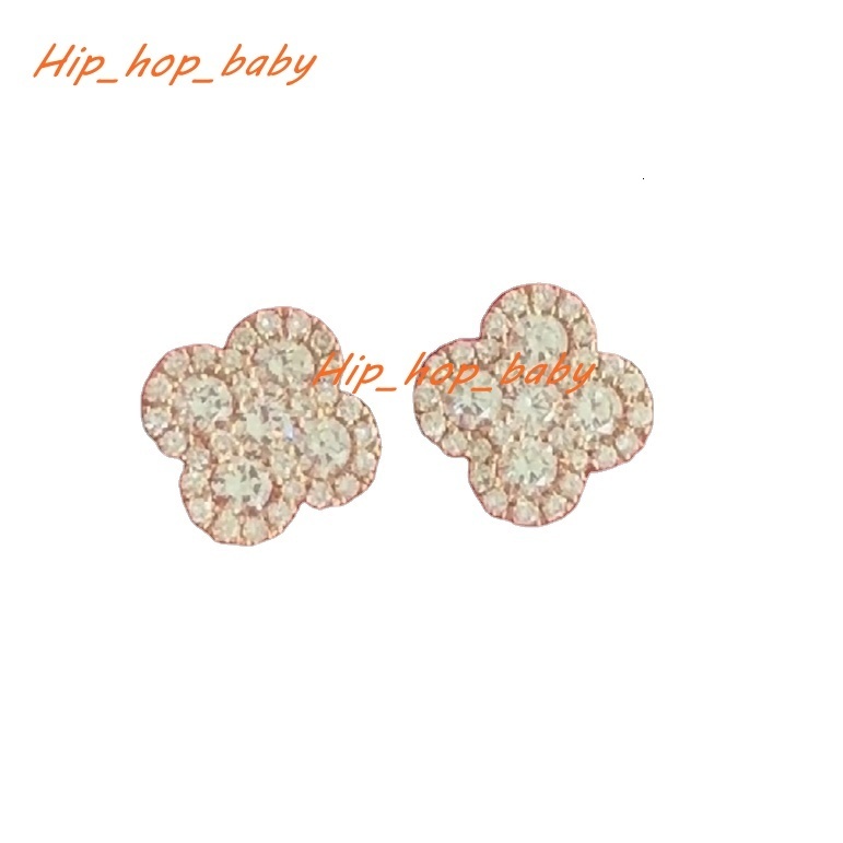 Popular Earrings Women VVS Moissanite Diamond Solid 14K Gold Cluster Four Leaf Clover Iced Out Stud Earrings