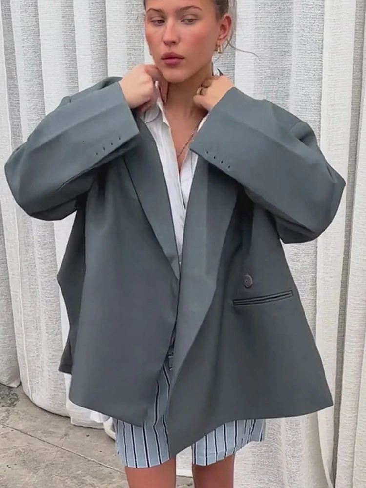 Womens casual collar jacket loose long sleeved single button office womens coat and unique split style oversized 250428
