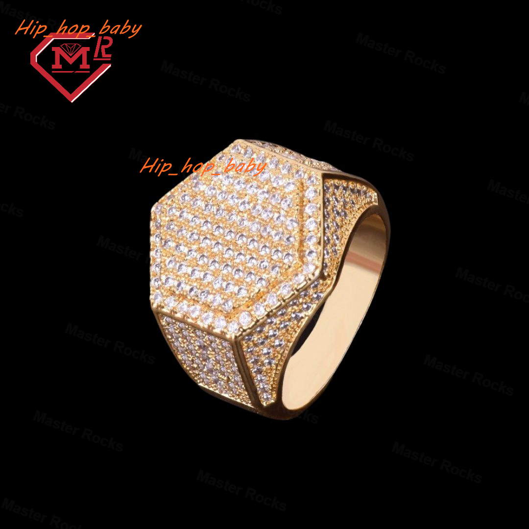 Master Rocks Gold Plated Ring Iced Out 925 Sterling Silver Mens Hip Hop Hexagon Moissanite Ring