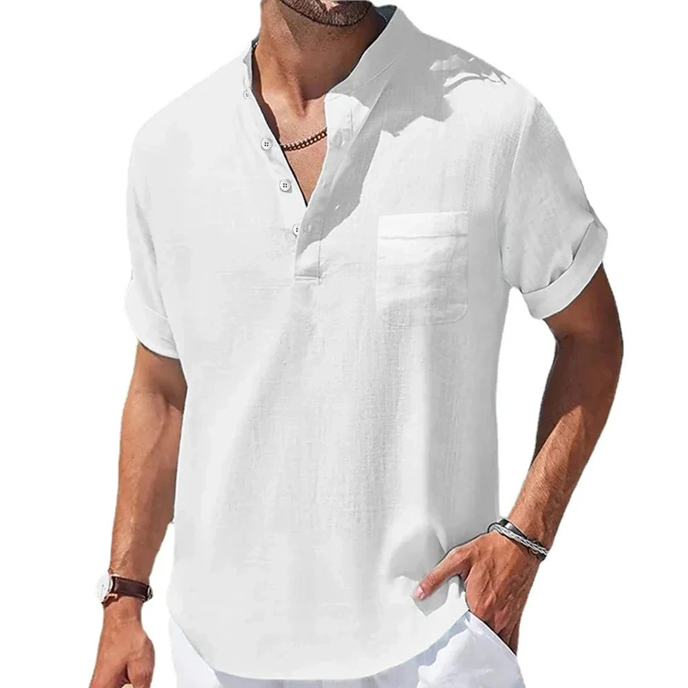 mens short sleeved breathable T-shirt summer solid color basic pocket shirt mens slim half button linen streetwear 250427