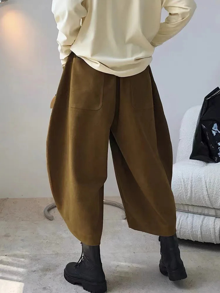 Autumn Casual Harem Pants Womens Cotton High Waist Trousers Retro Loose Bloomers Oversized Pocket Sports 250428