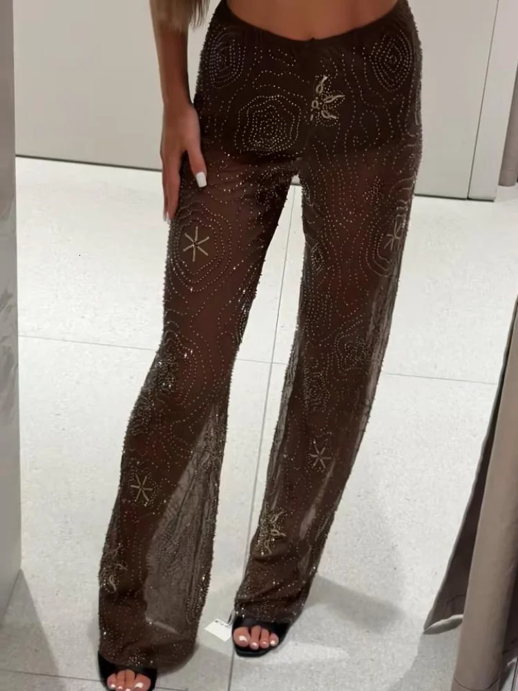Chic See Through Beams sequins straight thin Trouser fashion y womens low waisted pants summer party 250428
