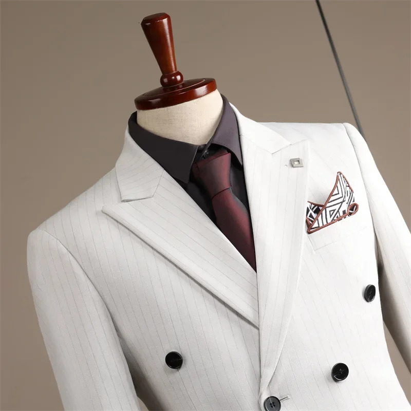 A highend double layered striped set for mens casual grooms wedding dress 250428