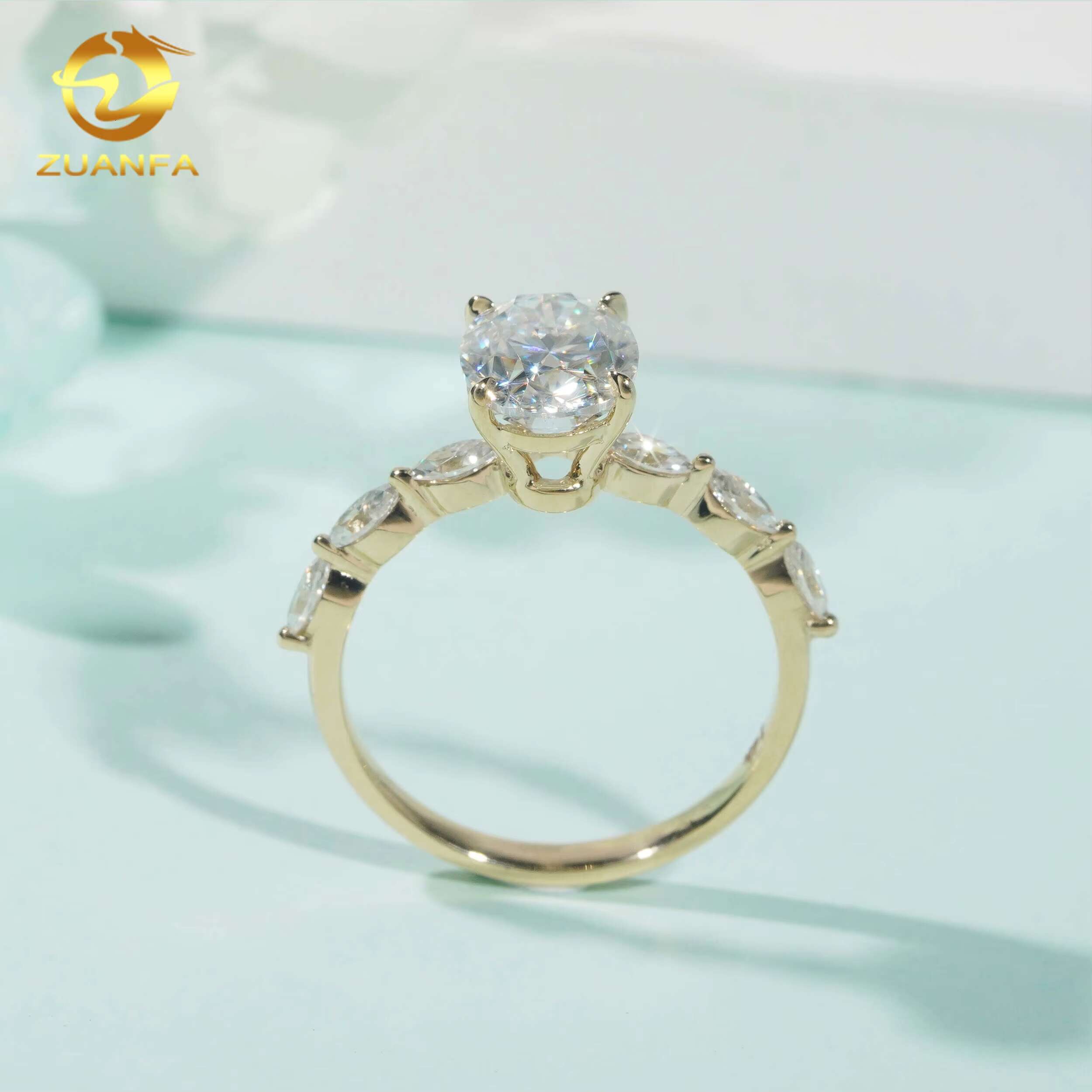 Unique 14k Yellow Gold GRA Wedding Bridal Jewelry Gorgeous Claw Setting 2ct Oval+Marquise FL Moissanite Diamond Engagement Ring