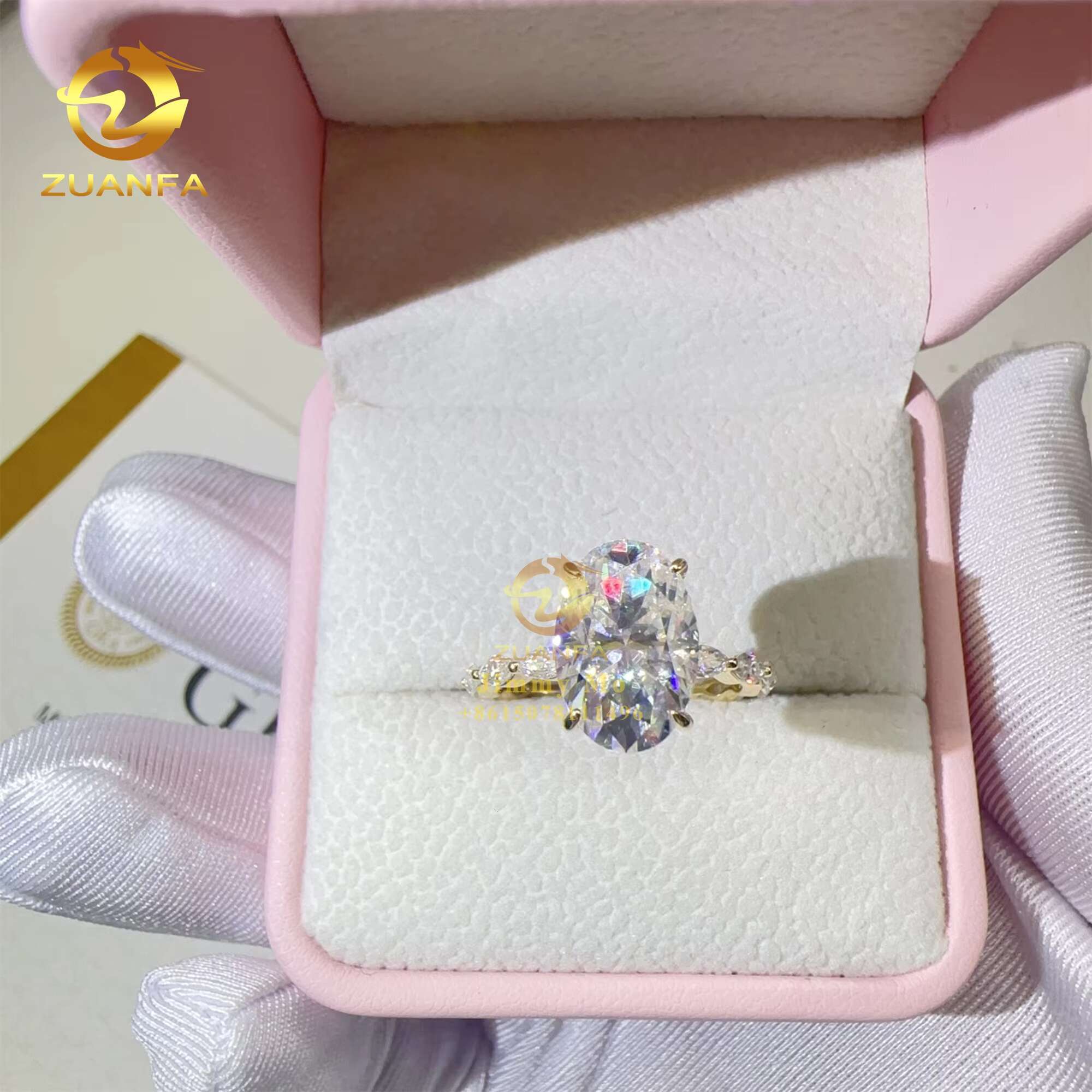 14k Yellow Gold 4.5ct Iced Crushed Oval Marquise Moissanite Diamond Engagement Wedding Band Ring Women Gift GRA Certificate