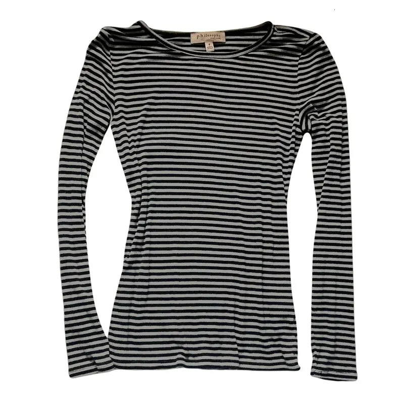 Black and gray striped womens ultrathin top with long sleeves crew neckline stripes Autumn suitable for leisure days 250425