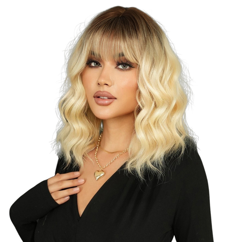 gold Gradient wave shoulder length wig for women full head cover with bangs hair dye on the top of the head commonly used in Japan