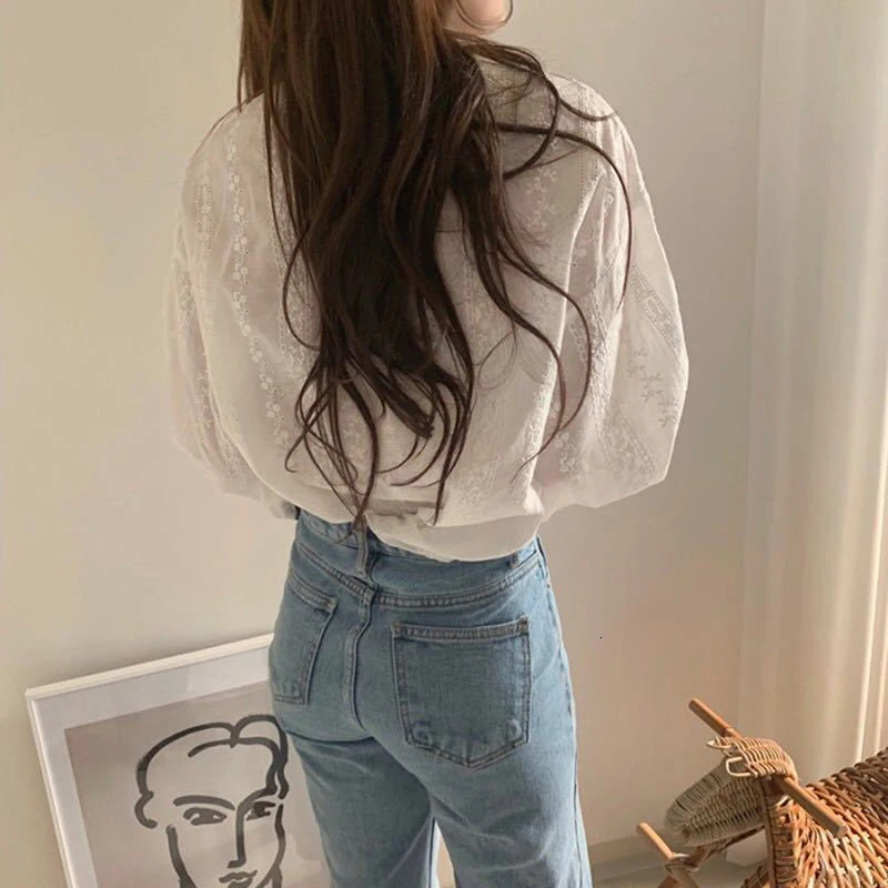 Womens shirt fluffy sleeves white lace long casual loose pleated top 250425