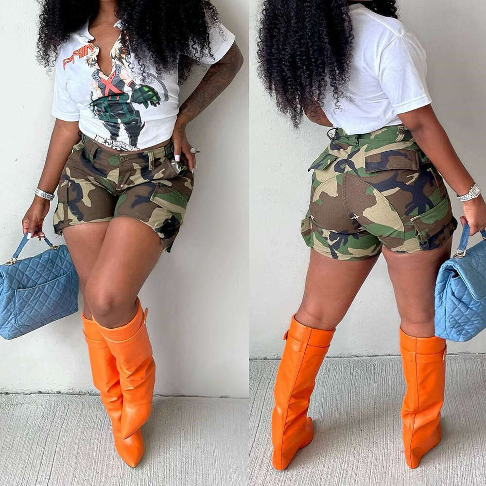 2107 Europe and America Summer Women's Camouflage Printed Patchwork Shorts 2025 New Casual Versatile Fashion Clothing