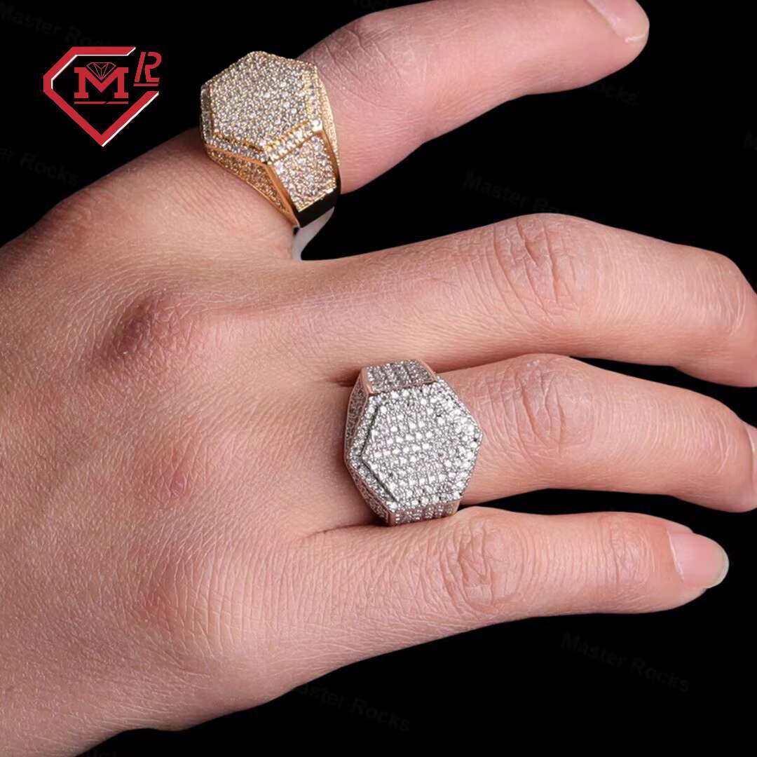 Master Rocks Gold Plated Ring Iced Out 925 Sterling Silver Mens Hip Hop Hexagon Moissanite Ring